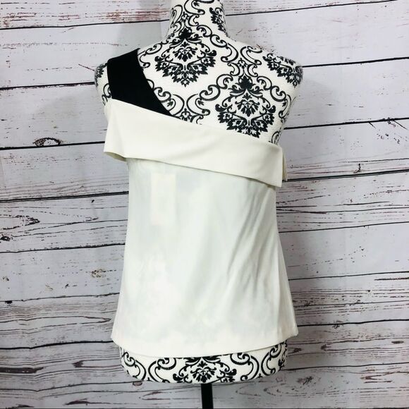 Ramy Brook Luca One Shoulder Off Shoulder Asymmetrical Top Ivory Black XS S - Picture 5 of 10